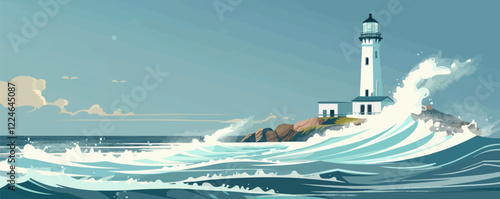 Vector seascape with lighthouse and waves capturing coastal serenity.