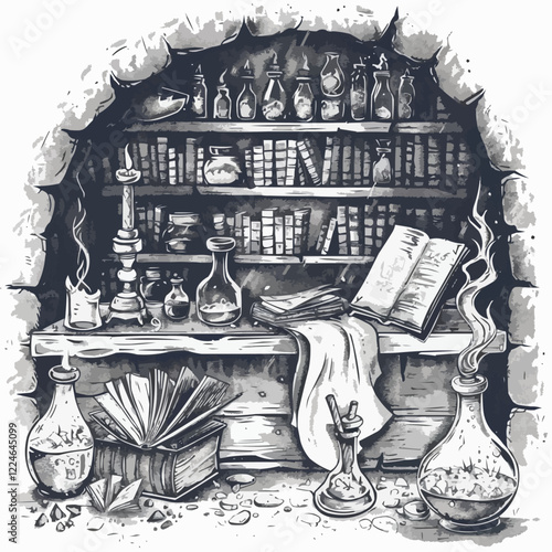 Mystical alchemy vector: ancient laboratory with potion bottles and books.