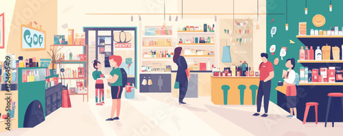 Vector scene of a vibrant grocery store setting with shoppers.
