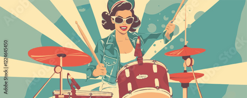 Retro musician playing drums in colorful vector art.