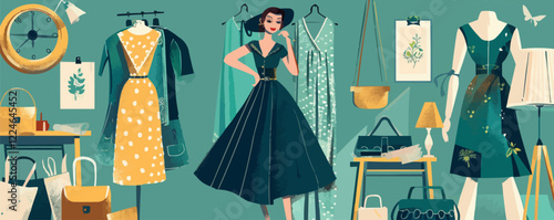 Vintage fashion wardrobe vector with dresses and accessories in teal and yellow.
