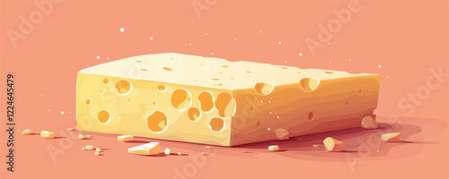 Vector art of cheese block with texture and holes on a soft pink background.