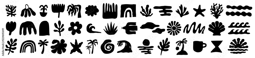 Fototapeta premium Black and white vector set of abstract summer doodles, organic shapes and forms. Hand drawn Matisse ocean collection. Modern elements in trendy minimalist style for social media banners