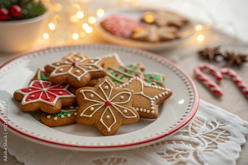Festive Gingerbread Cookies on White Plate with Red Trim - Long Exposure Photography Festive Gingerbread Cookies on White Plate with Red Trim - Long Exposure Photography