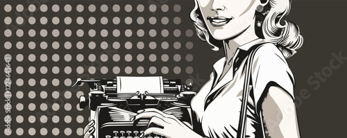 Vintage typing vector art featuring retro woman and typewriter.