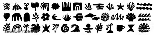 Black and white vector set of abstract summer doodles, organic shapes and forms. Hand drawn Matisse ocean collection. Modern elements in trendy minimalist style for social media banners