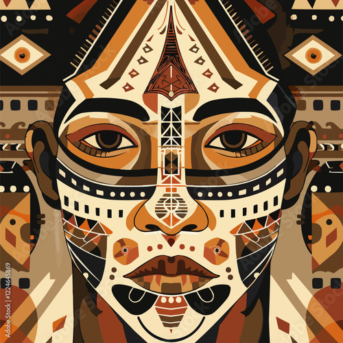 Ethnic face art vector design with geometric patterns.