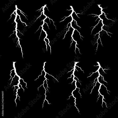 Vector lightning set on black background: eight distinct designs.