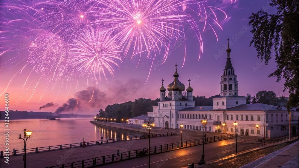 Fototapeta premium Festive Purple Fireworks Over Kostroma Cityscape at Dawn - Magical Beginning of Celebrations