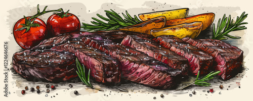 Delicious grilled steak and vegetables vector artwork.