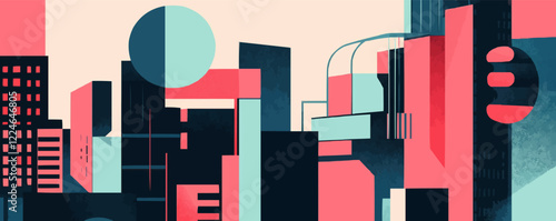 Abstract vector cityscape featuring geometric shapes and modern architecture.