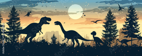 Vector dinosaur landscape at sunset with silhouettes and forest.
