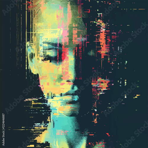 Abstract digital art vector of glitching human face with vibrant colors. photo