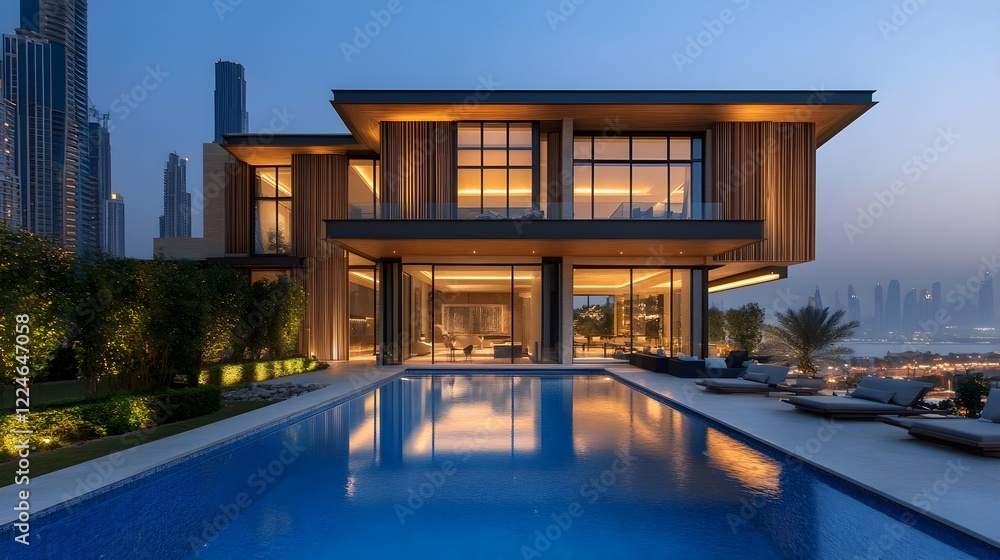 Fototapeta premium A striking modern mansion with vertical wood slats, an infinity pool, and soft landscape lighting.