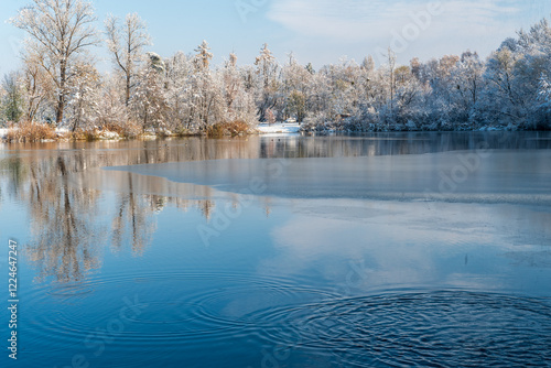 Winter scenery of partly frozen pond with fir trees on the background and drizzling snow on sky