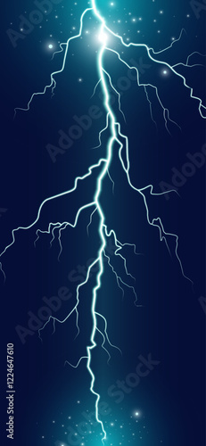 Thunder lightning smartphone wallpaper, background. Electric discharge. Bright lightning with sparks, glow. Static discharge, night thunderbolt. Vertical blue background. Realistic vector illustration