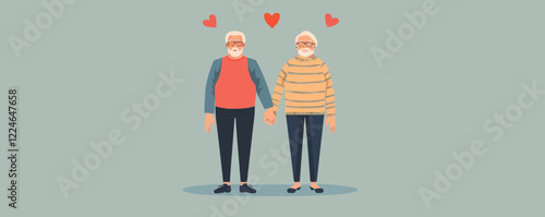 Vector art of a senior couple holding hands with hearts.