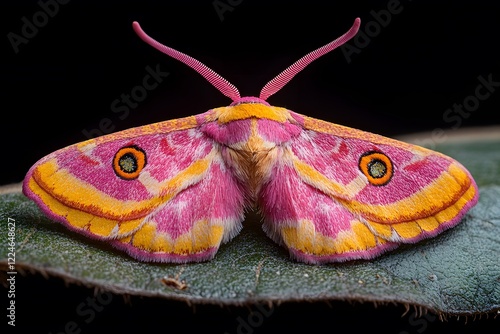 Vibrant Pink and Yellow Moth on Leaf - Nature's Colorful Pattern photo