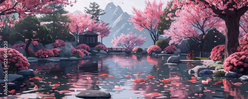 Tranquil cherry blossom garden with koi pond vector art.