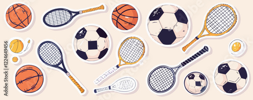 Sports equipment vector: tennis, basketball, and soccer balls with rackets.