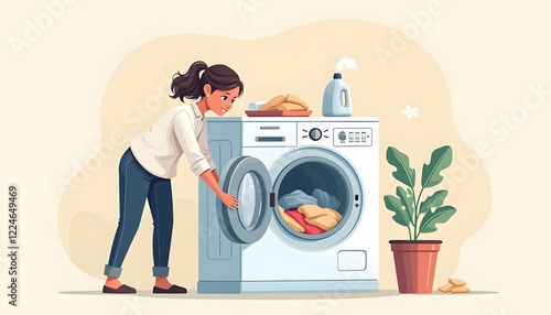 Woman Loading Laundry Into Modern Washing Machine