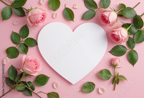 Mockup of a heart shaped card on a pink background with pink roses. Valentine's Day concept. Perfect for cards, gifts and more