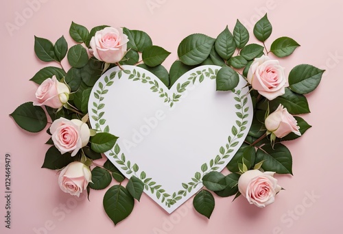 Mockup of a heart shaped card on a pink background with pink roses. Valentine's Day concept. Perfect for cards, gifts and more