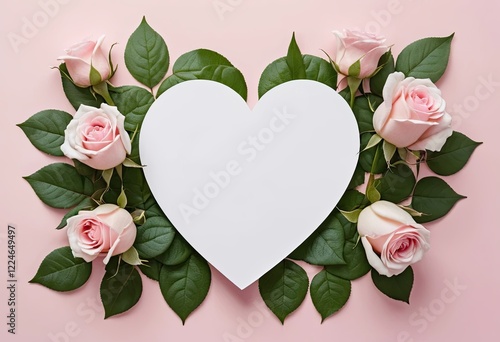 Mockup of a heart shaped card on a pink background with pink roses. Valentine's Day concept. Perfect for cards, gifts and more