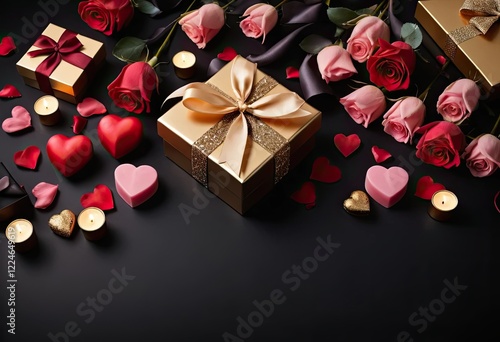 Dark background with Valentine's Day theme. Roses, candles and gifts, empty space for text. Perfect for Valentine's Day