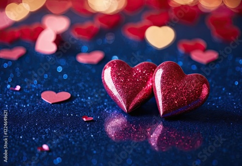 Two sparkling pink hearts on blue glitter background. Perfect for Valentine's Day