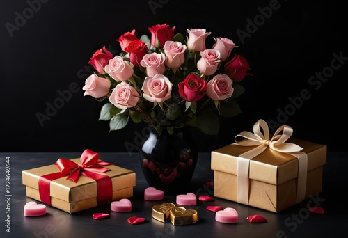 Dark Valentine's Day themed background. Roses, candles and gifts. Perfect for Valentine's Day