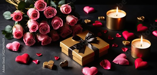 Dark Valentine's Day themed background. Roses, candles and gifts. Perfect for Valentine's Day