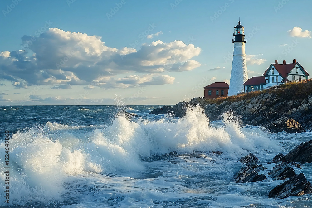 Obraz premium Scenic view of a lighthouse by the ocean with crashing waves and clouds in the background
