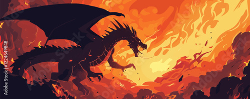 Majestic dragon silhouette in fiery vector landscape.