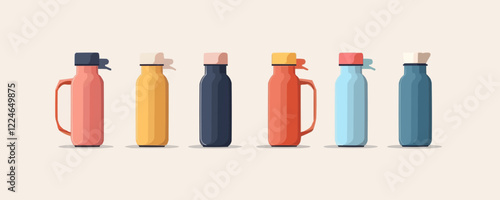 Colorful vector water bottles with different caps and handles.