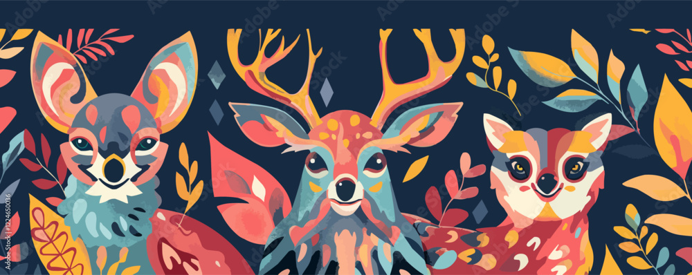 Obraz premium Colorful vector art of forest animals with vibrant foliage.