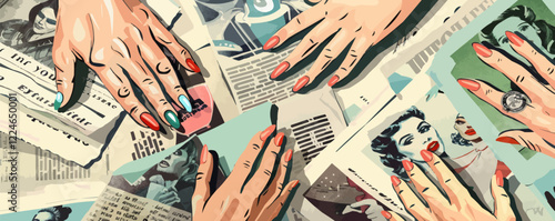 Retro vector collage: hands and vintage magazines.