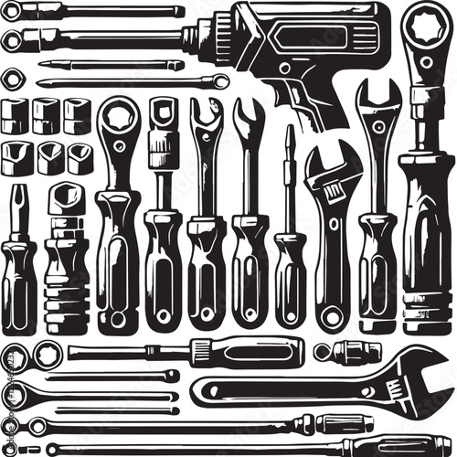 Black Ratchet and Socket Set Silhouette Vector, High Quality Illustration on White Background