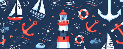 Nautical vector pattern with anchors, lighthouses, and sailboats.