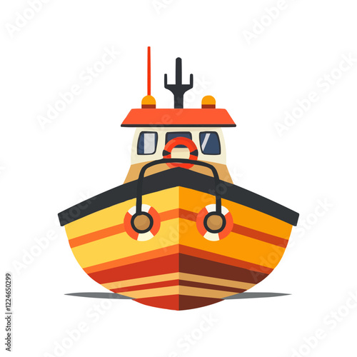 Colorful vector fishing boat on white background.