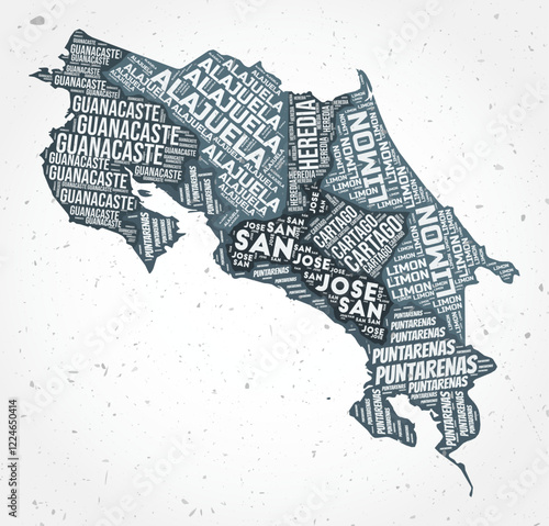 Costa Rica regions word clouds. Country shape on textured background. Costa Rica design in typographic style. Artistic vector illustration.