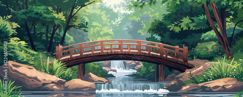 Serene forest stream with wooden bridge vector scene.