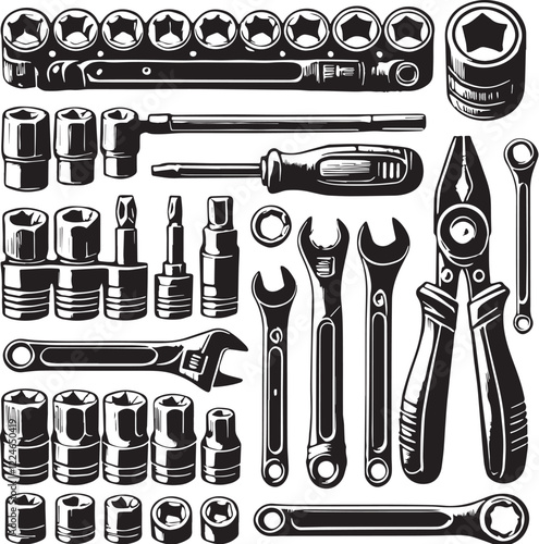 Black Ratchet and Socket Set Silhouette Vector, High Quality Illustration on White Background