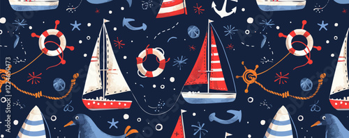 Nautical vector pattern with sailboats, anchors, and lifebuoys.