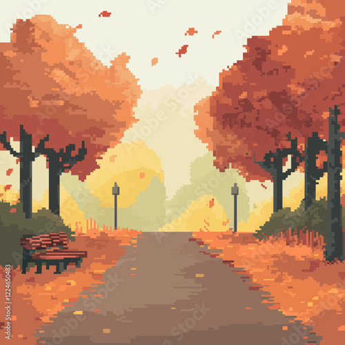 Pixel art vector of autumn park scene with falling leaves.