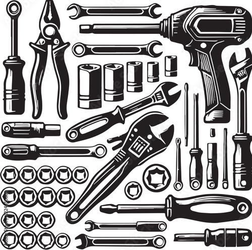 Black Ratchet and Socket Set Silhouette Vector, High Quality Illustration on White Background