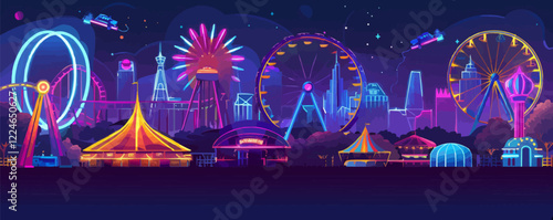 Neon vector carnival night scene with ferris wheels and fireworks.