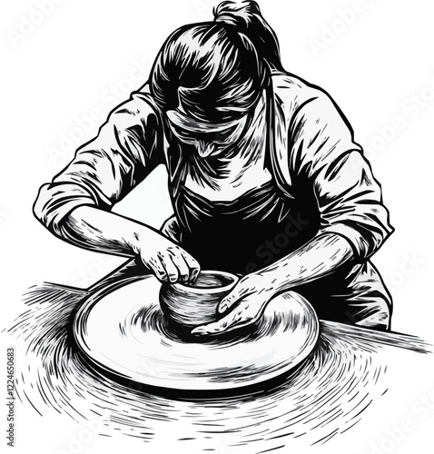 Vector artwork of a potter shaping clay on a pottery wheel.
