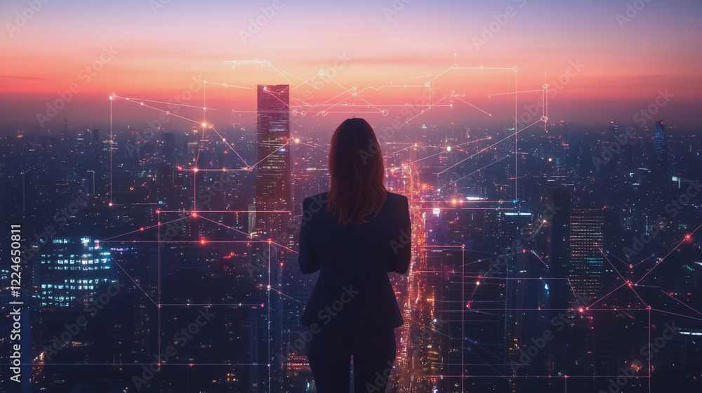 Abstract business woman stands on Smart digital Innovation city with connection network reciprocity over the twilight cityscape. of future wireless digital city and social media networking systems Abstract business woman stands on Smart digital Innovation city with connection network reciprocity over the twilight cityscape. of future wireless digital city and social media networking systems