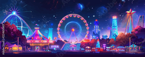 Colorful amusement park at night vector with ferris wheel.